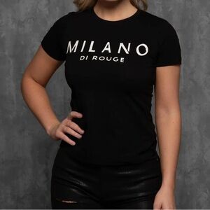 Milano Di Rouge Women's Black Lux Signature Tee white faded logo size XS